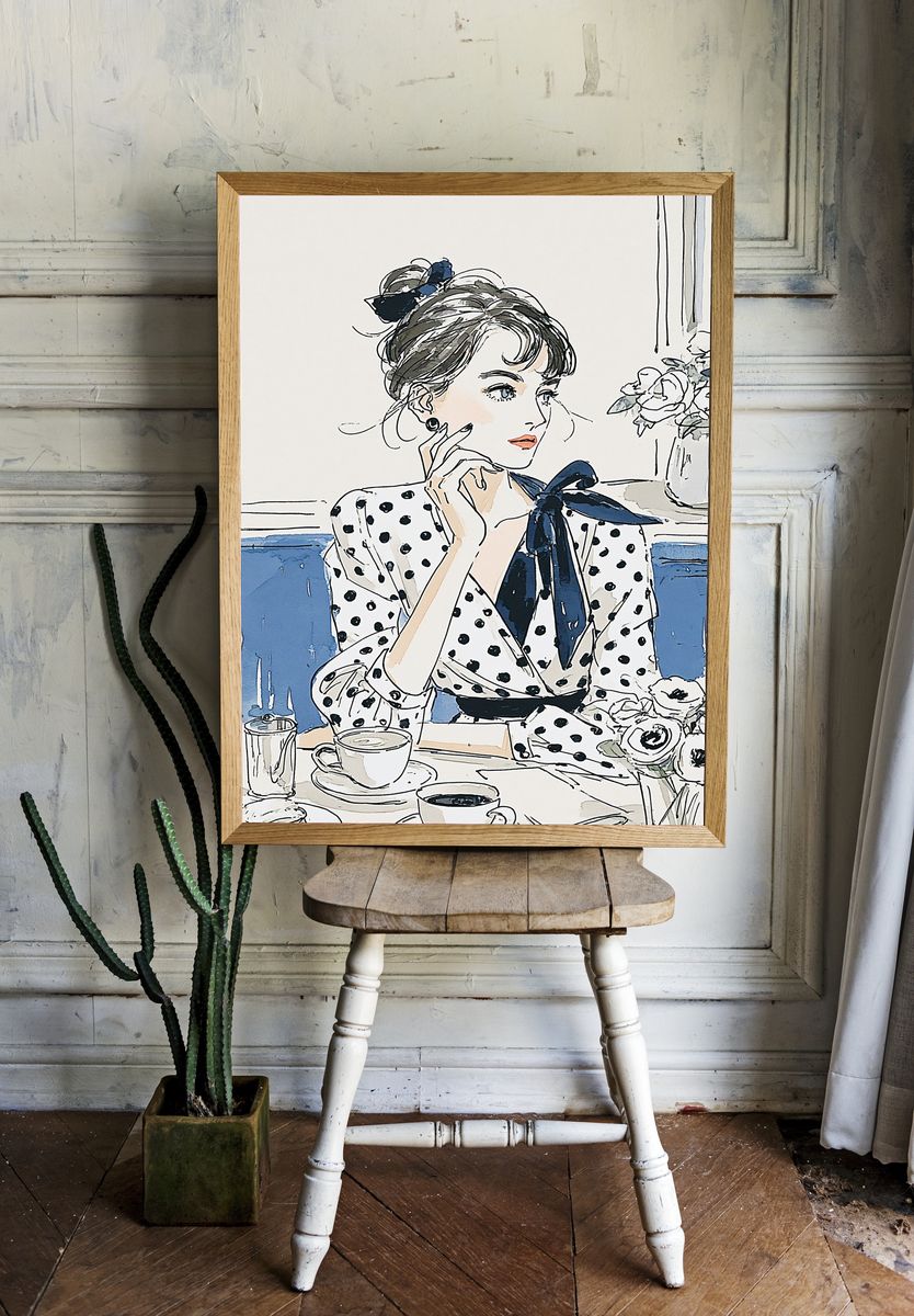 Polka Dot Café Girl Illustration Poster. room preview