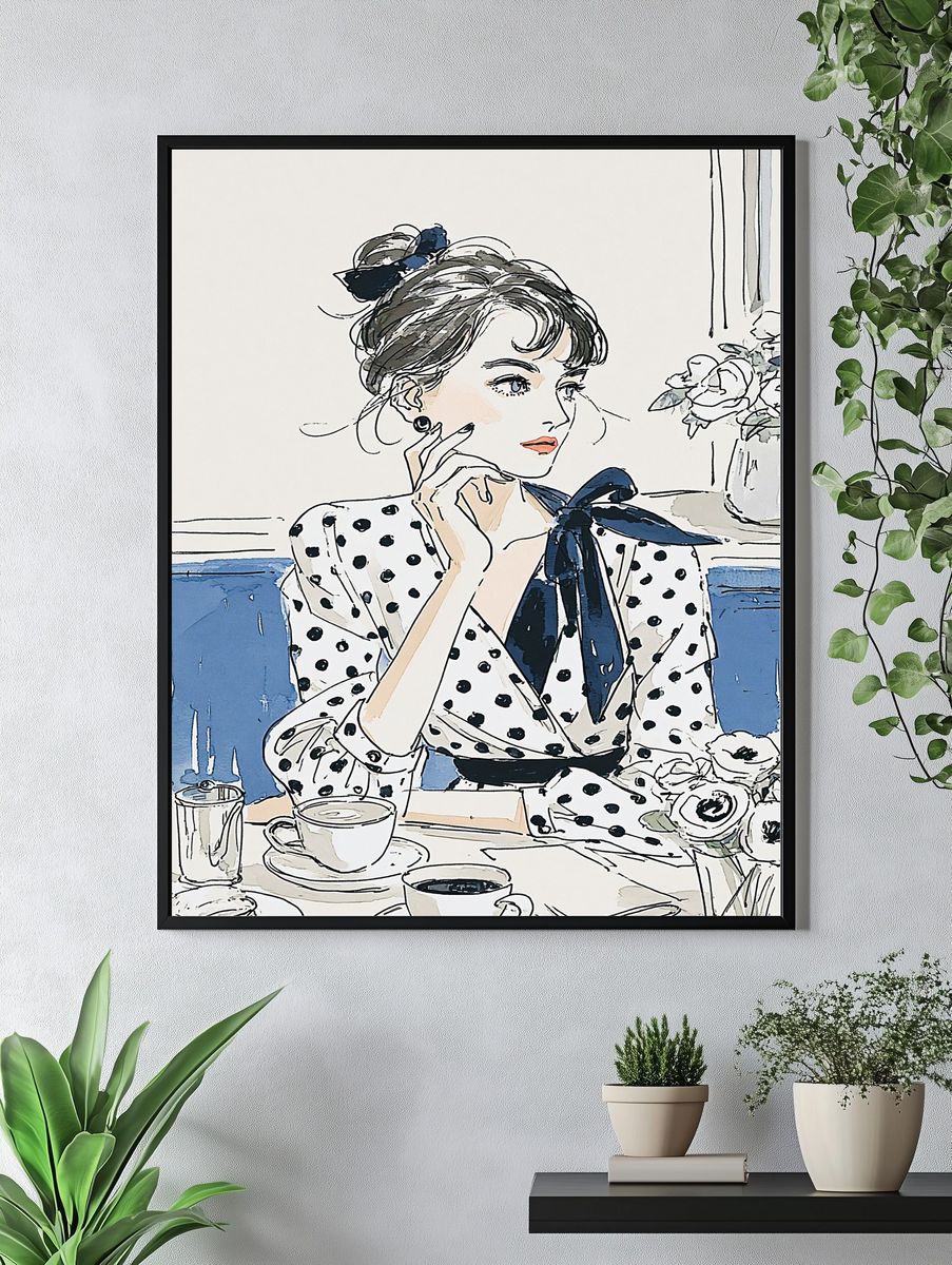 Polka Dot Café Girl Illustration Poster. — room view 4