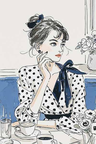 Polka Dot Café Girl Illustration Poster. poster print