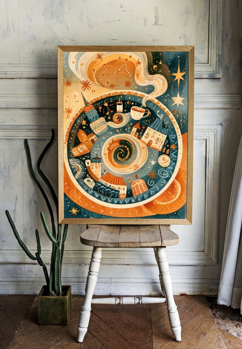 Celestial Coffee Spiral Illustration Poster. room preview