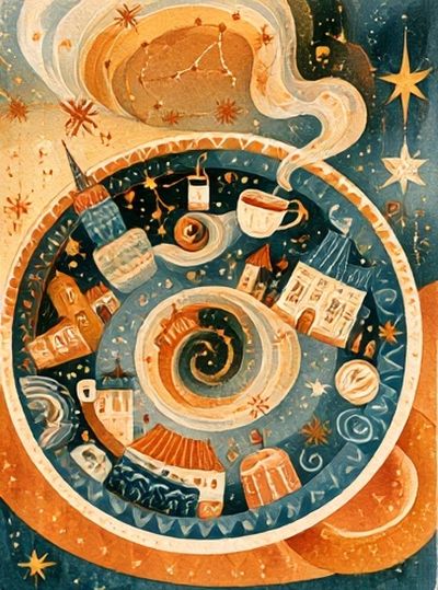 Celestial Coffee Spiral Illustration Poster.
