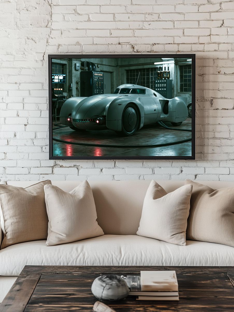 Retro Futuristic Car Garage Print. room preview