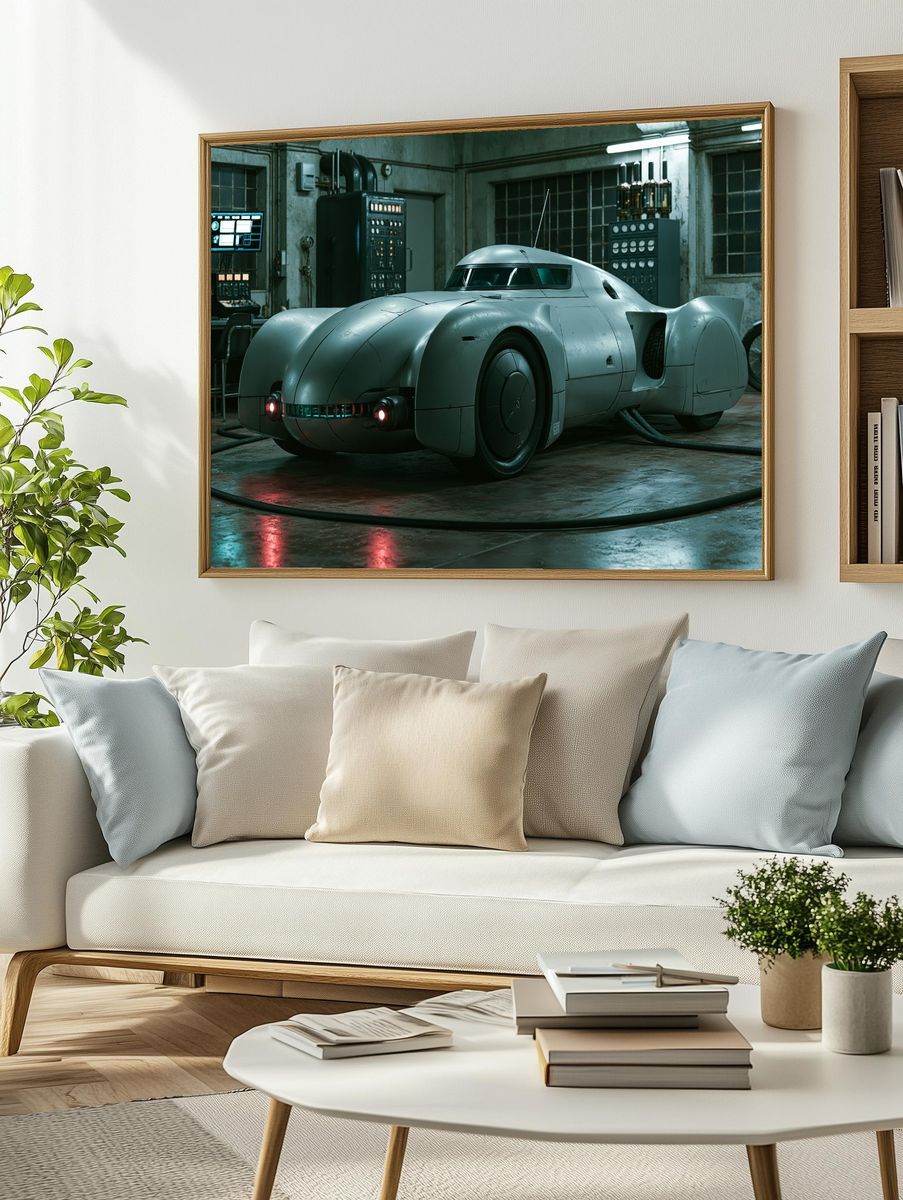 Retro Futuristic Car Garage Print. — room view 2