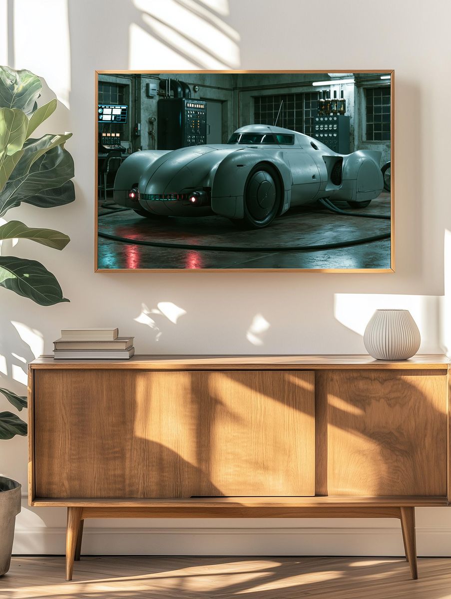 Retro Futuristic Car Garage Print. — room view 3