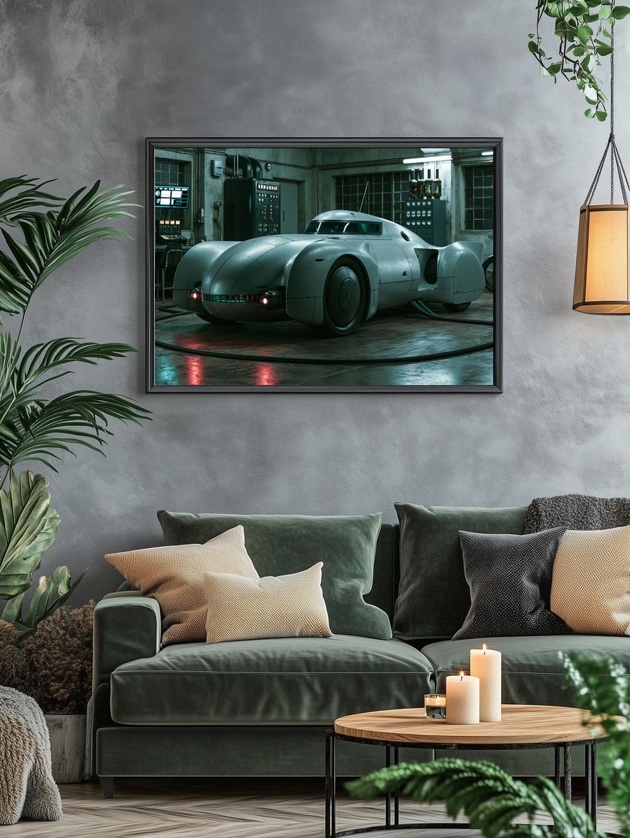Retro Futuristic Car Garage Print. — room view 4