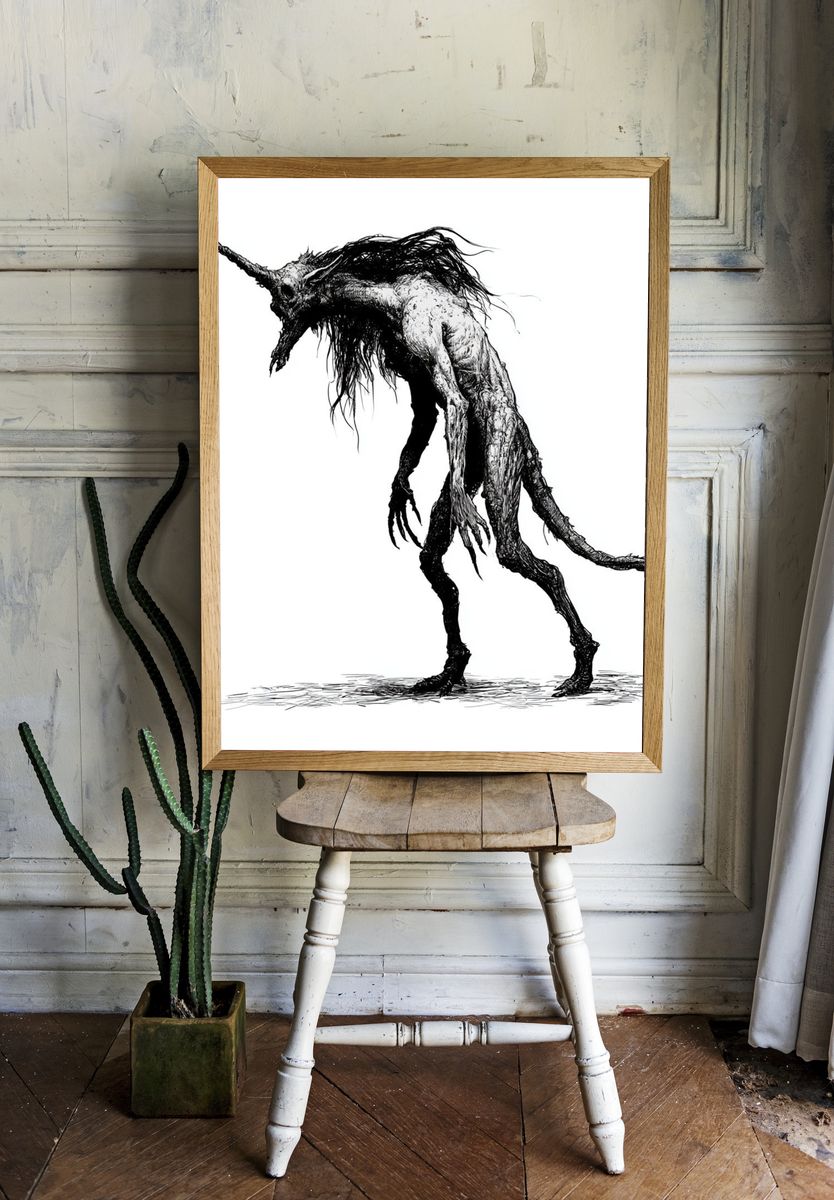 Horned Creature Ink Print. room preview