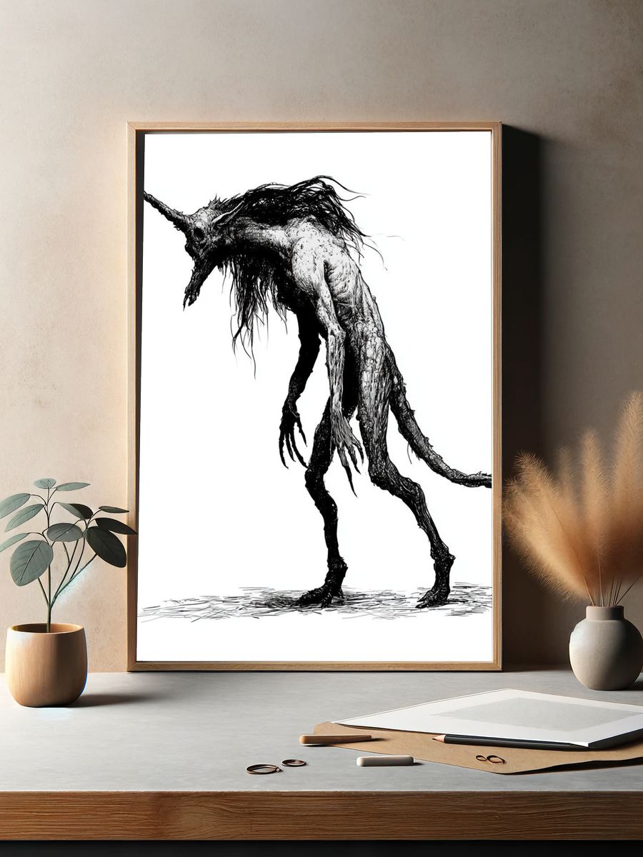 Horned Creature Ink Print. — room view 2
