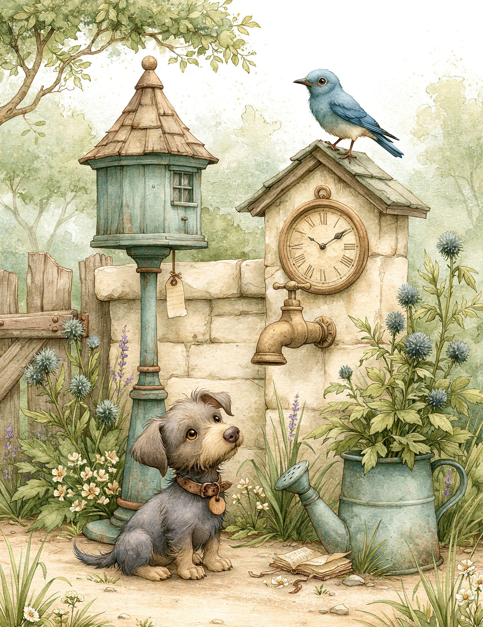 Garden Dog and Bluebird Illustration Poster. poster — illustration art