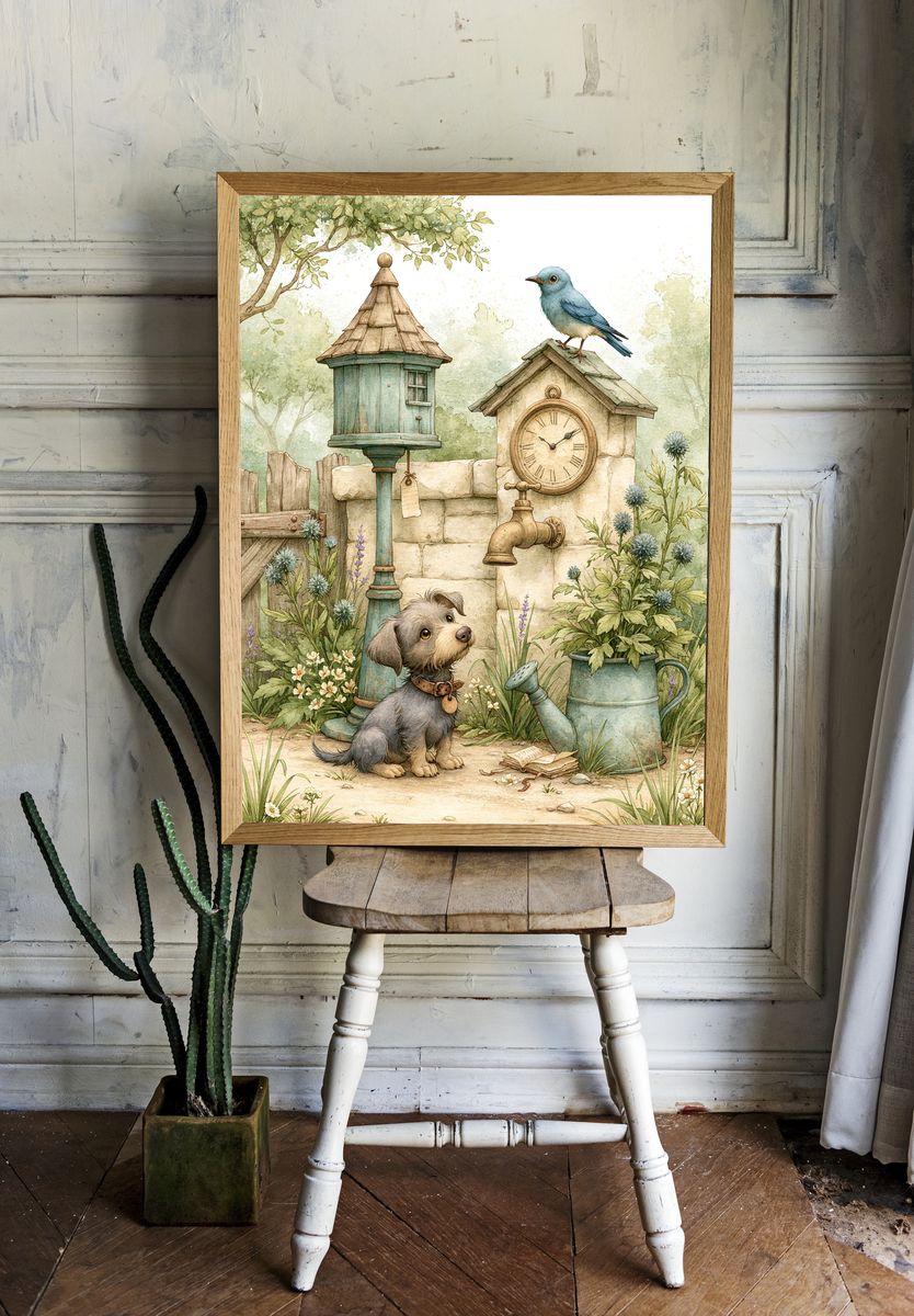 Garden Dog and Bluebird Illustration Poster. room preview