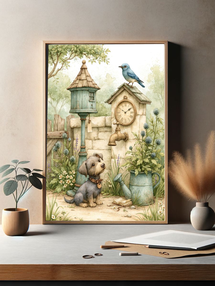 Garden Dog and Bluebird Illustration Poster. — room view 2