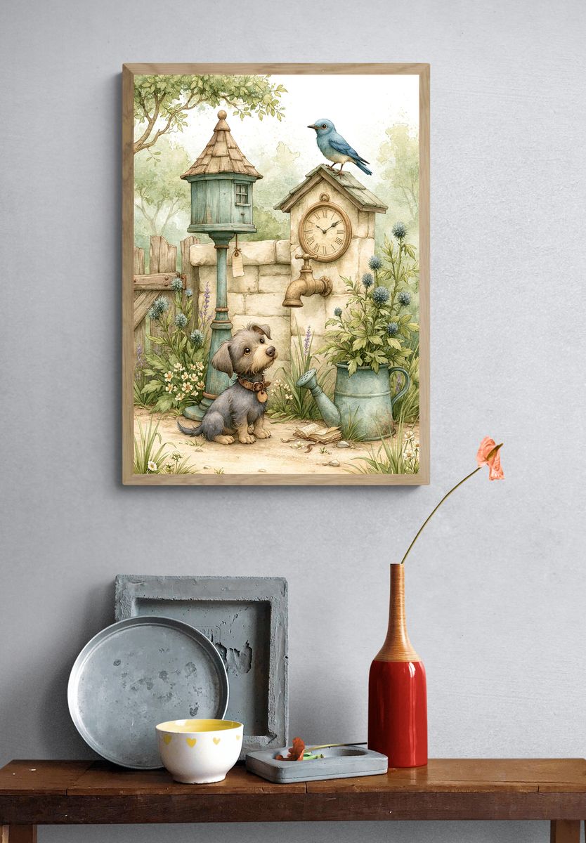 Garden Dog and Bluebird Illustration Poster. — room view 3