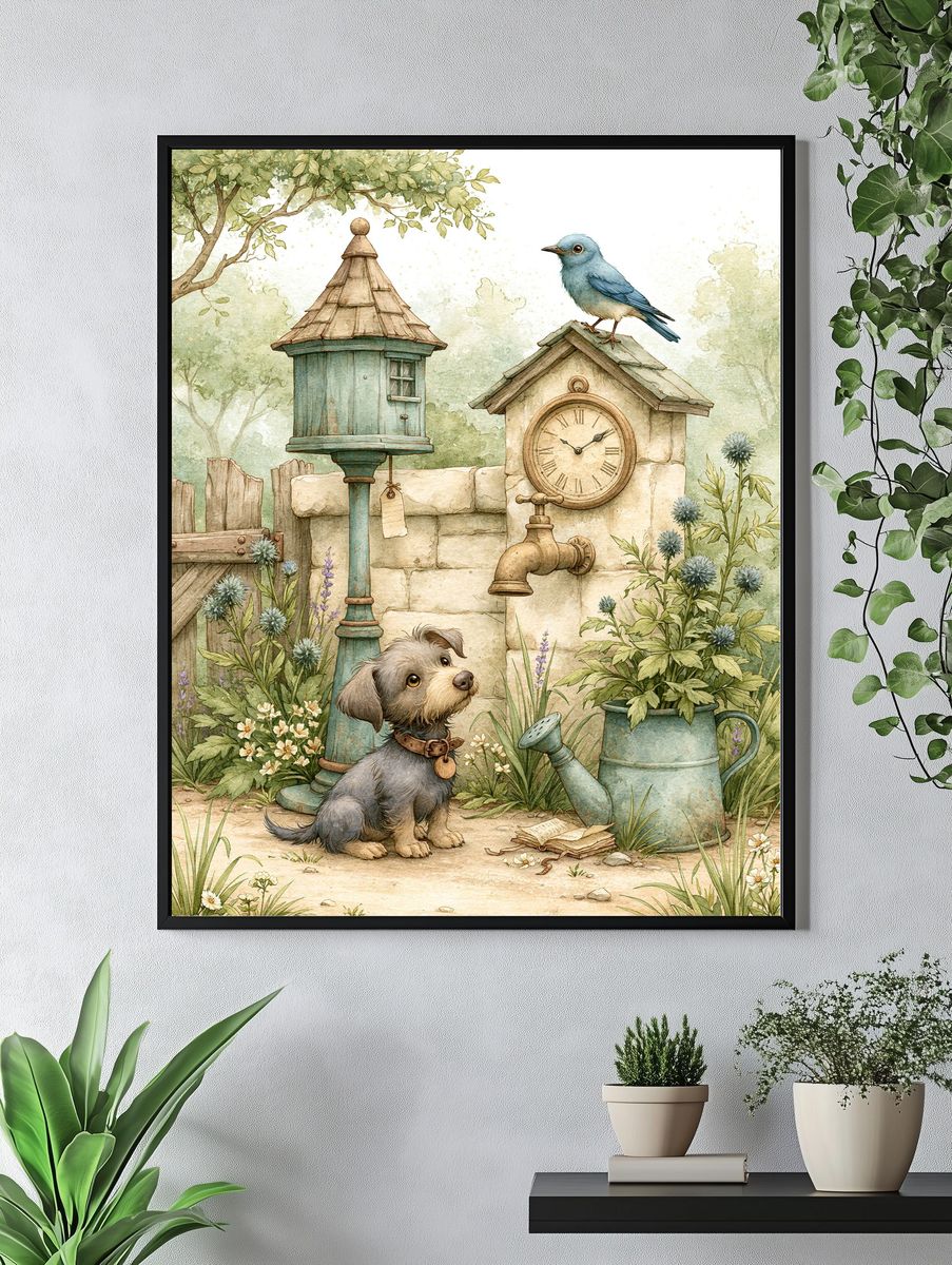Garden Dog and Bluebird Illustration Poster. — room view 4