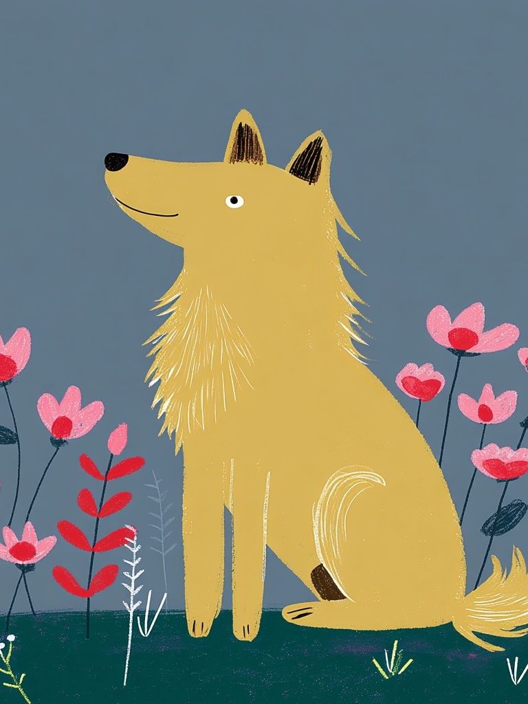 Golden Dog in Flowers Illustration Poster. poster detail