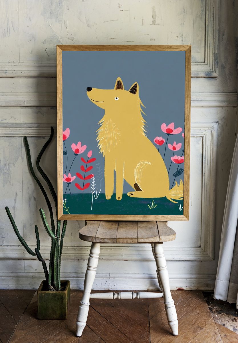 Golden Dog in Flowers Illustration Poster. — room view 1