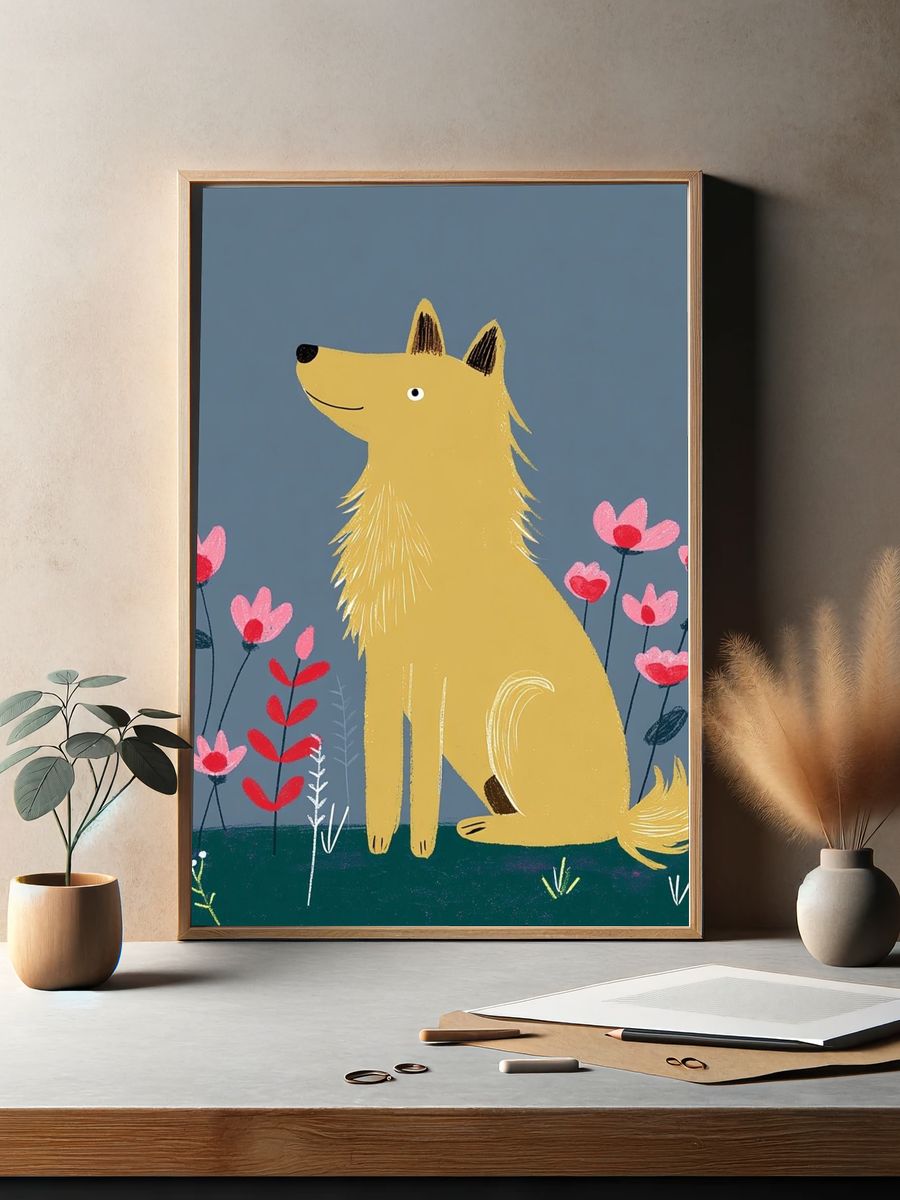 Golden Dog in Flowers Illustration Poster. — room view 2
