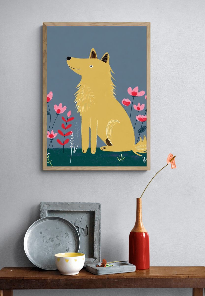 Golden Dog in Flowers Illustration Poster. — room view 3