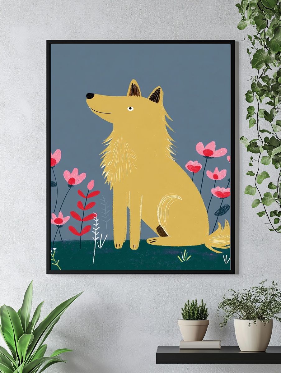 Golden Dog in Flowers Illustration Poster. — room view 4