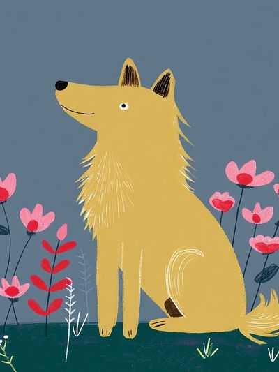 Golden Dog in Flowers Illustration Poster.