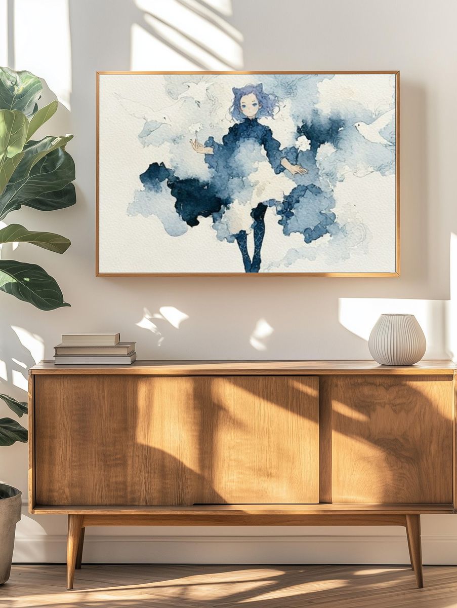 Blue Watercolor Figure Print. — room view 3