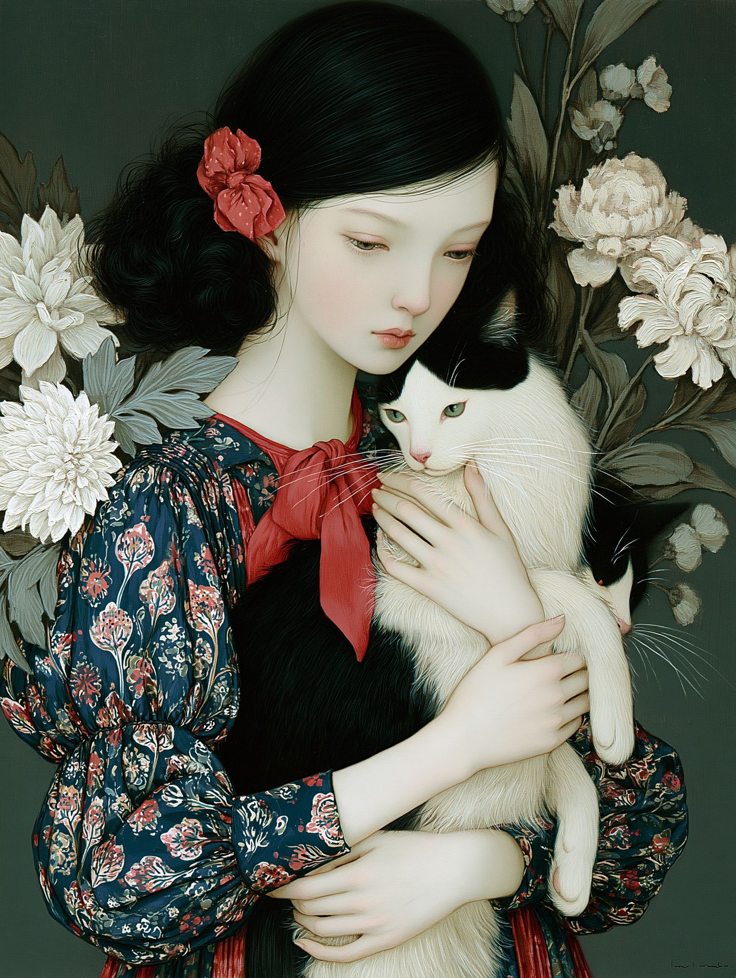 Girl with Cat Floral Portrait Print. poster — illustration art