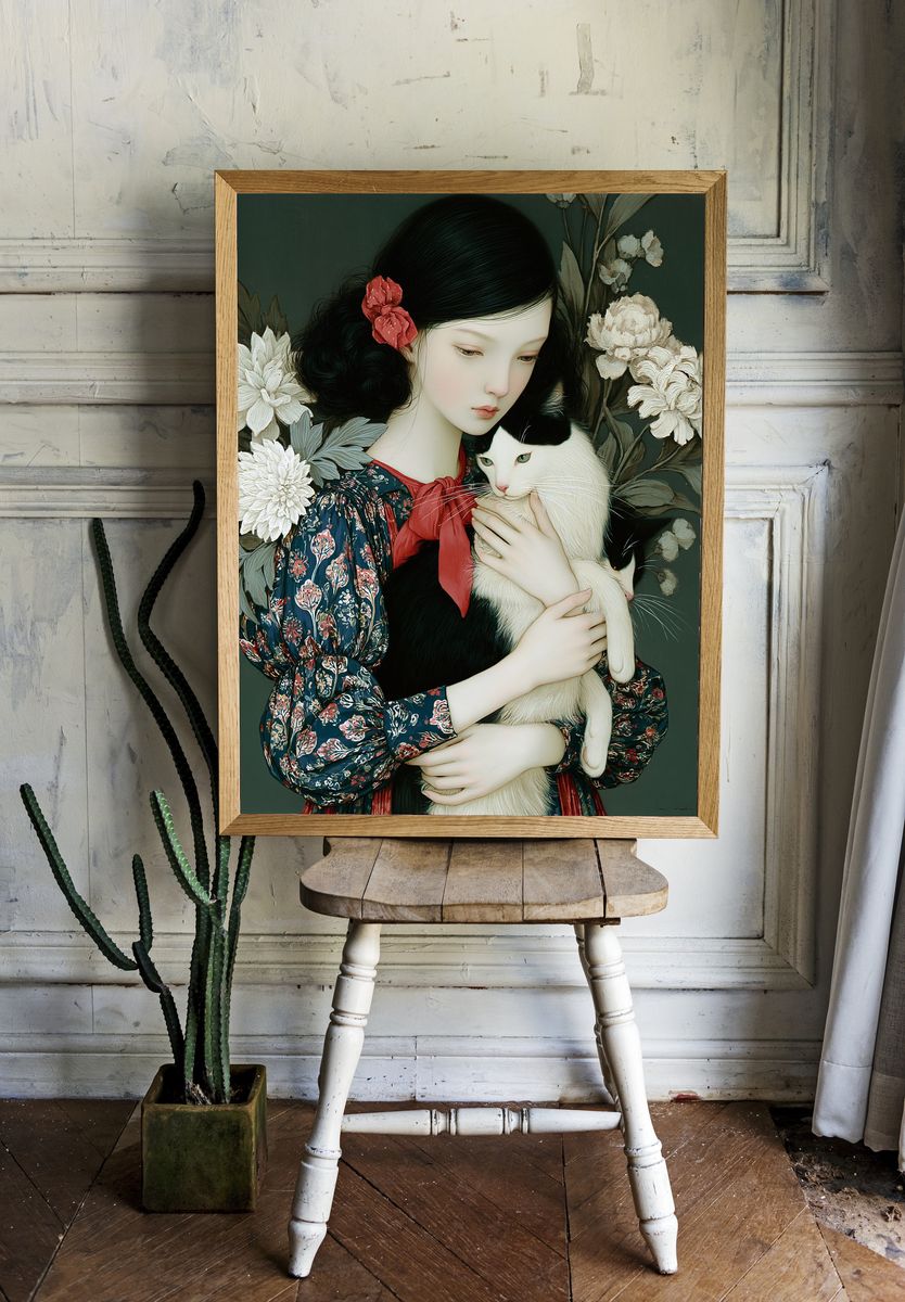 Girl with Cat Floral Portrait Print. — room view 1