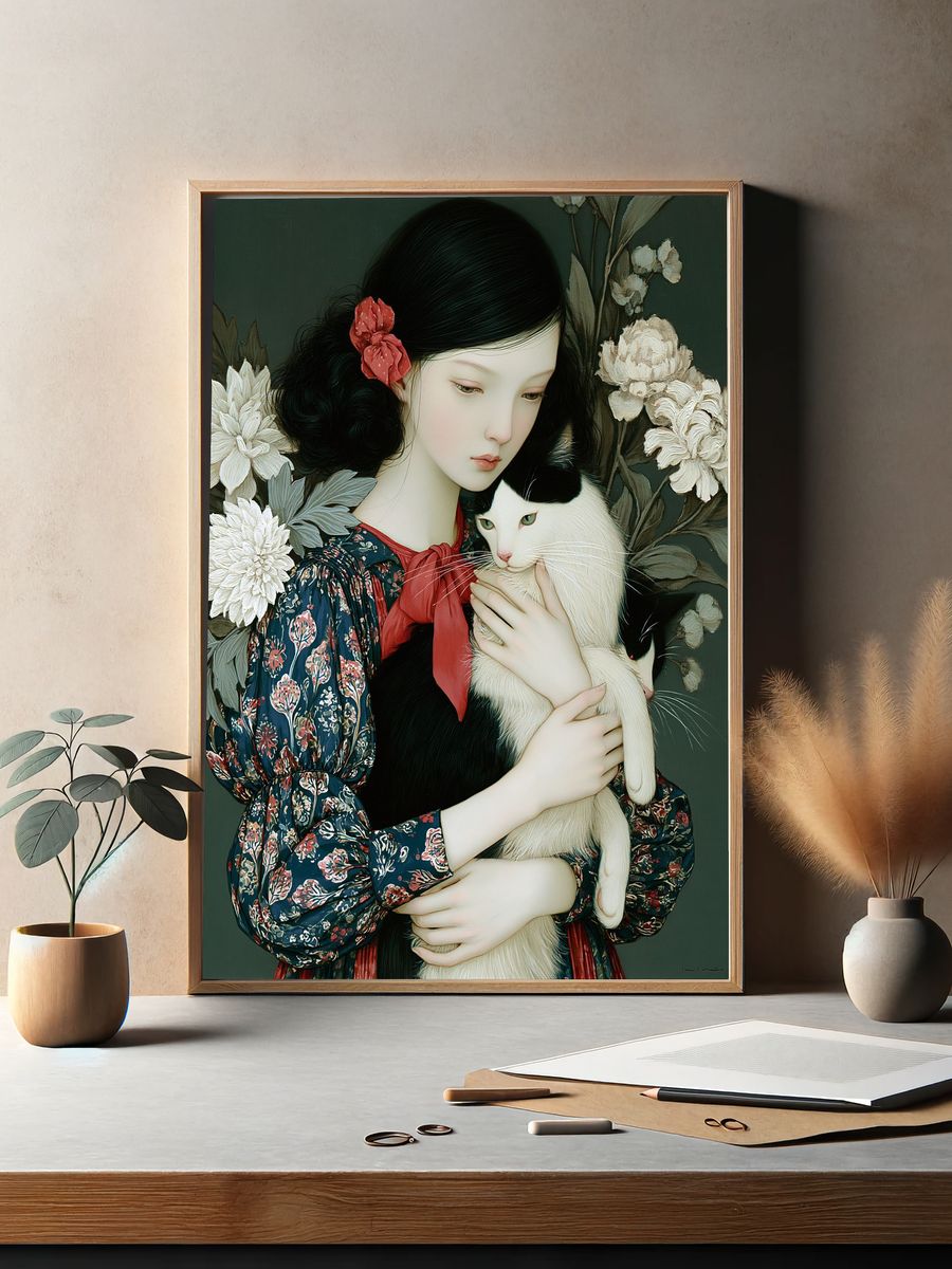 Girl with Cat Floral Portrait Print. — room view 2