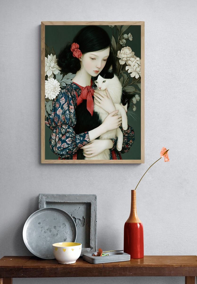 Girl with Cat Floral Portrait Print. — room view 3