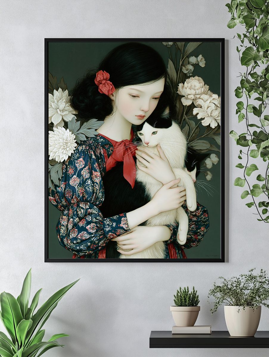 Girl with Cat Floral Portrait Print. — room view 4