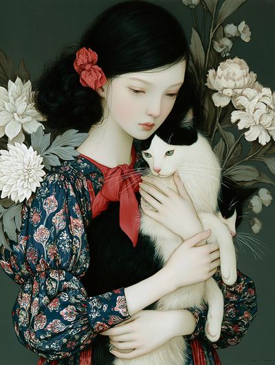 Girl with Cat Floral Portrait Print.