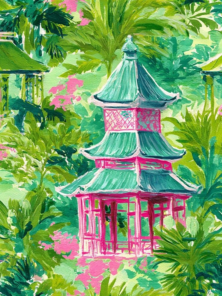 Tropical Pagoda Garden Print. poster detail