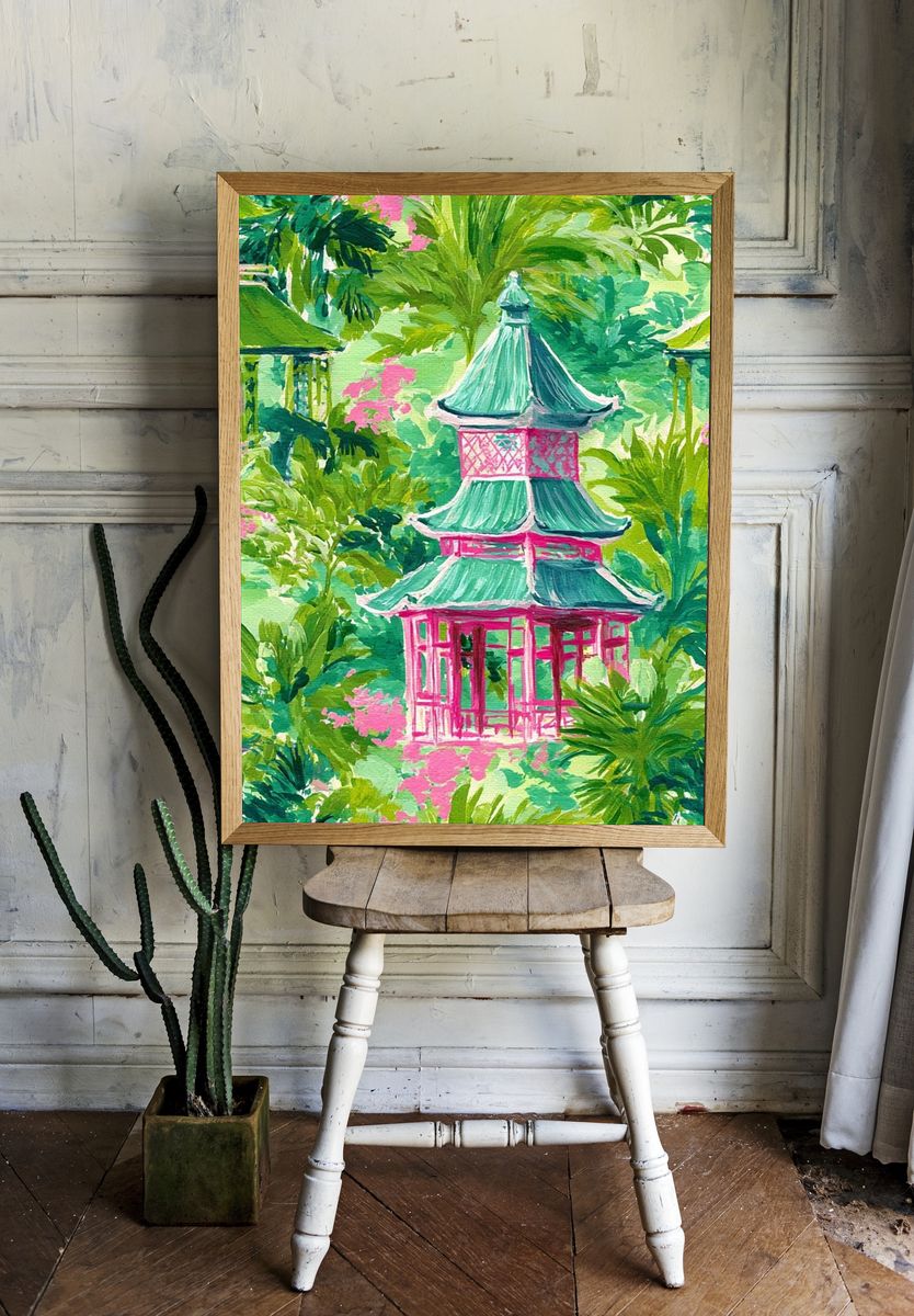 Tropical Pagoda Garden Print. — room view 1