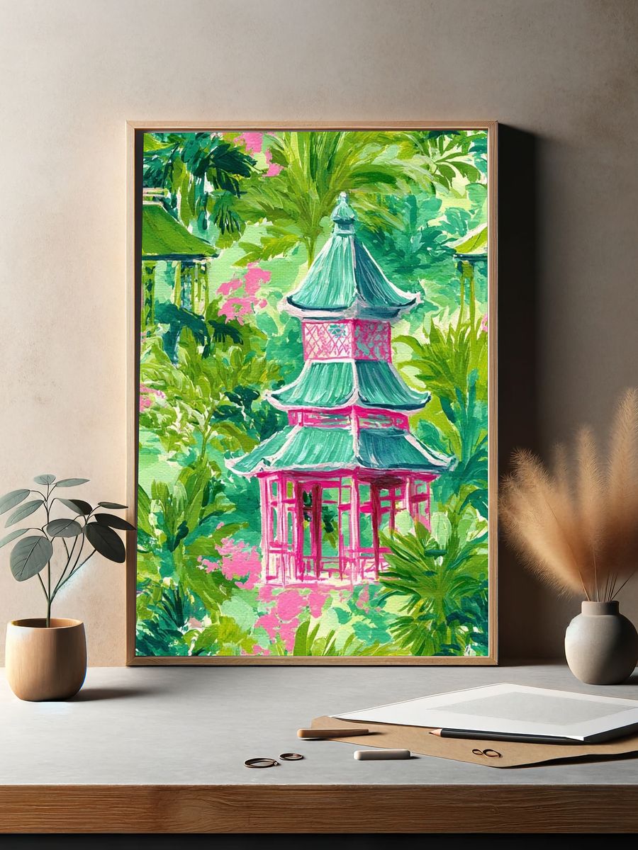 Tropical Pagoda Garden Print. — room view 2