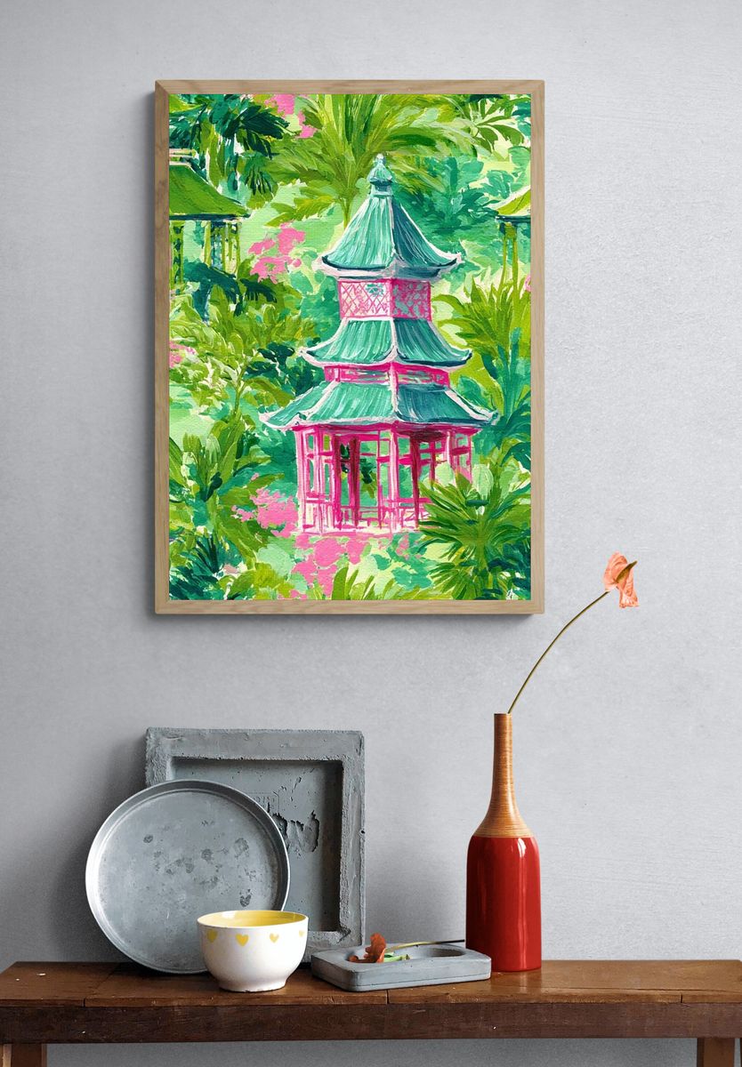 Tropical Pagoda Garden Print. — room view 3