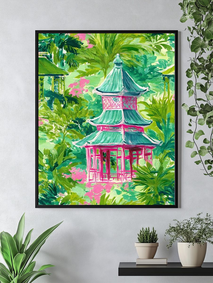 Tropical Pagoda Garden Print. — room view 4