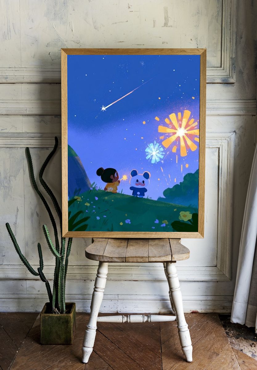 Fireworks Night Friends Illustration Poster. — room view 1