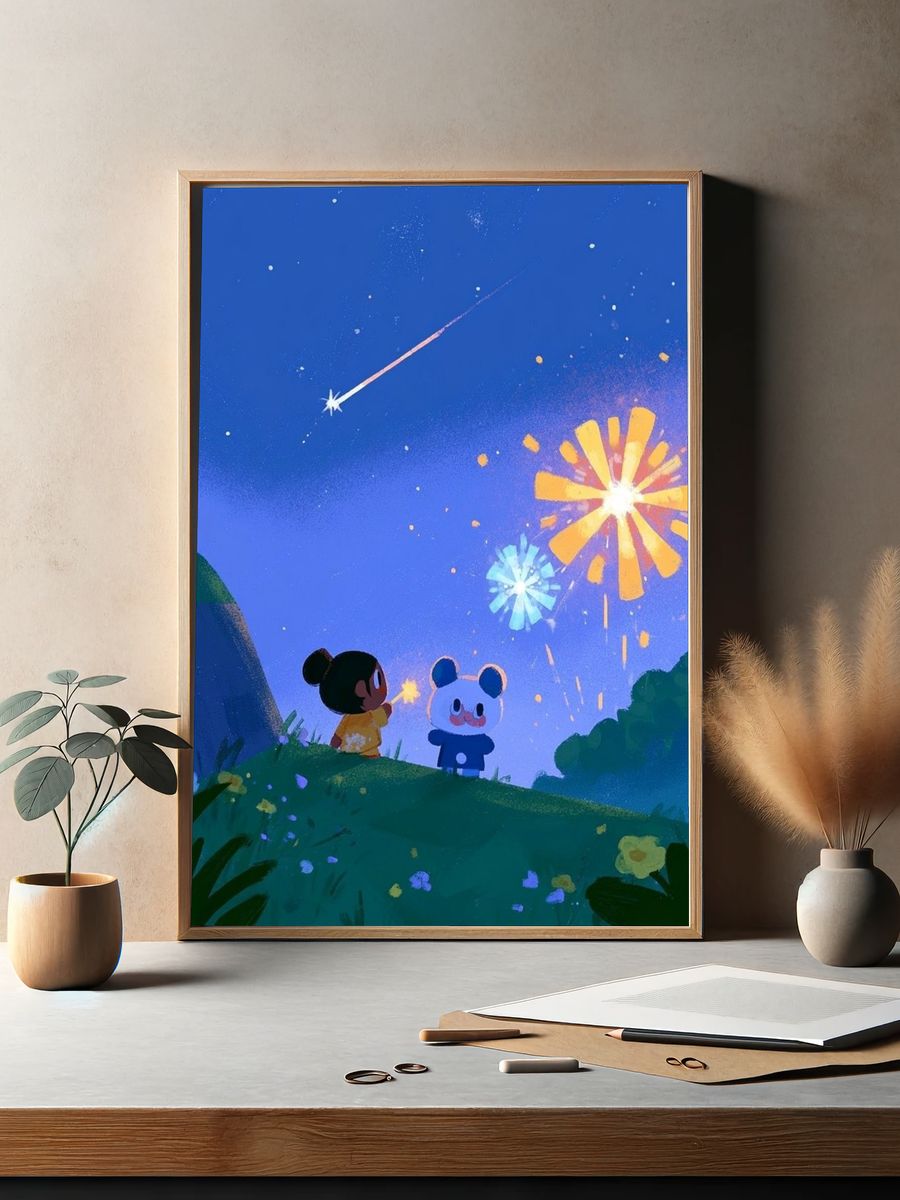 Fireworks Night Friends Illustration Poster. — room view 2