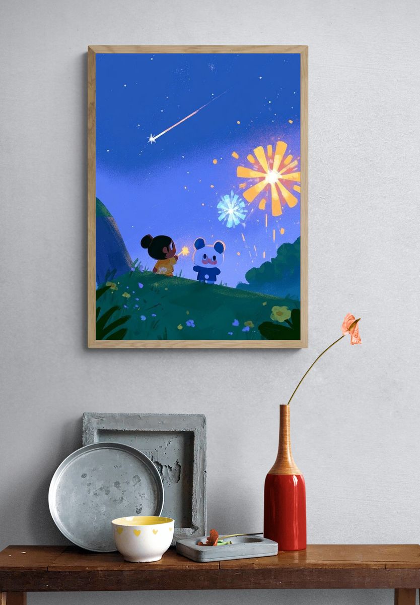 Fireworks Night Friends Illustration Poster. — room view 3