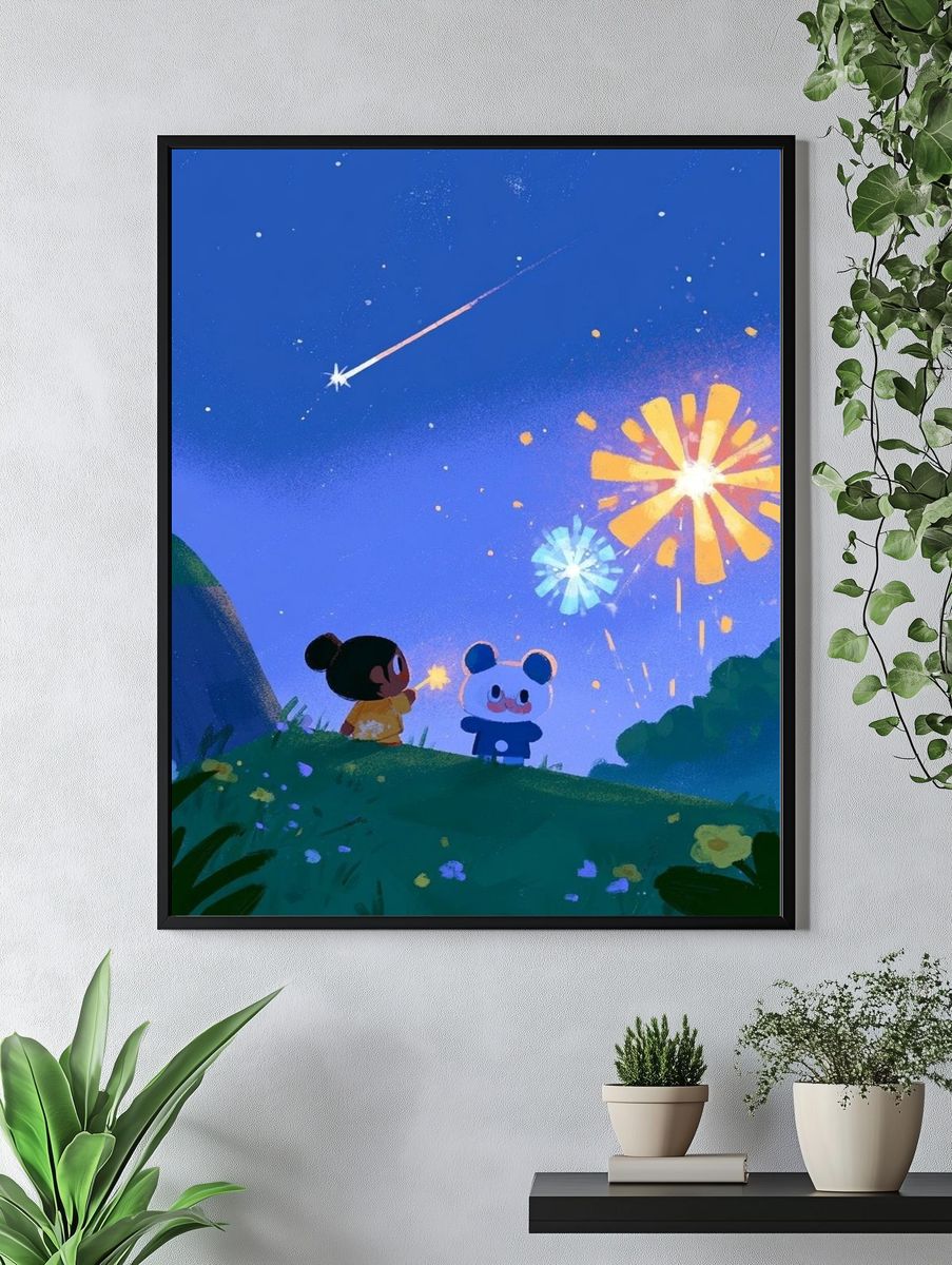 Fireworks Night Friends Illustration Poster. — room view 4