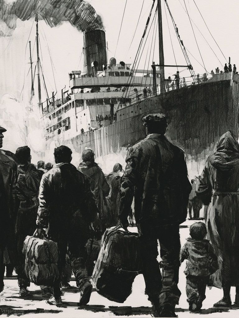 Immigrant Ship Arrival Illustration Poster. poster — illustration art