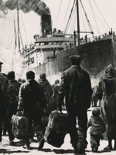 Immigrant Ship Arrival Illustration Poster.