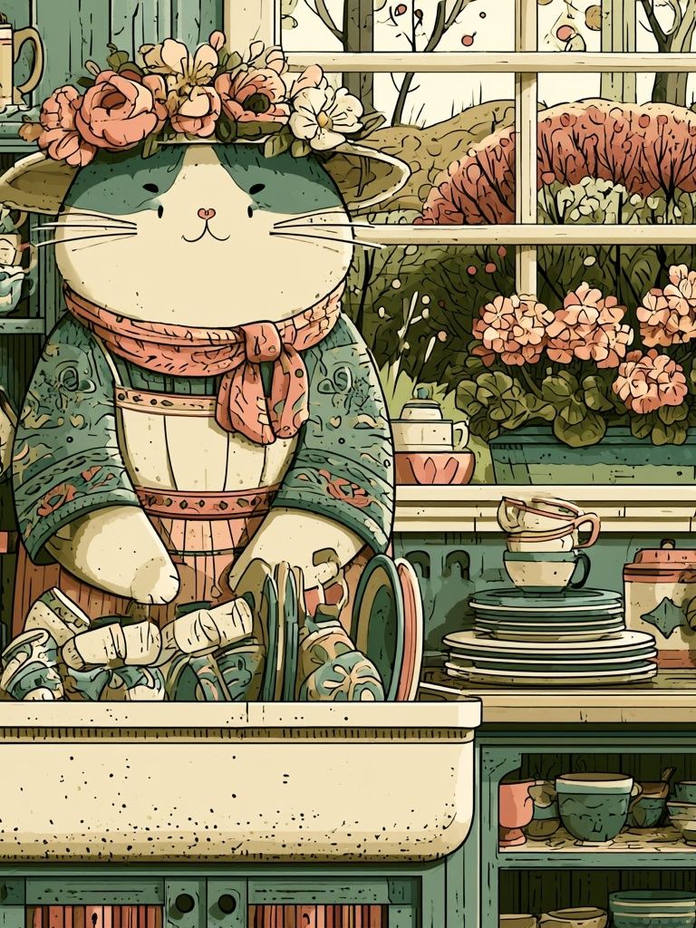 Cat Florist Kitchen Illustration Poster. poster — illustration art