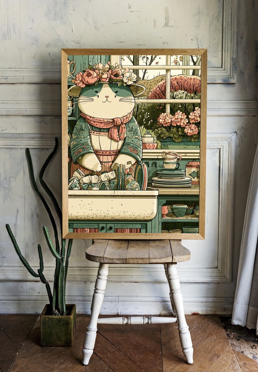 Cat Florist Kitchen Illustration Poster. room preview