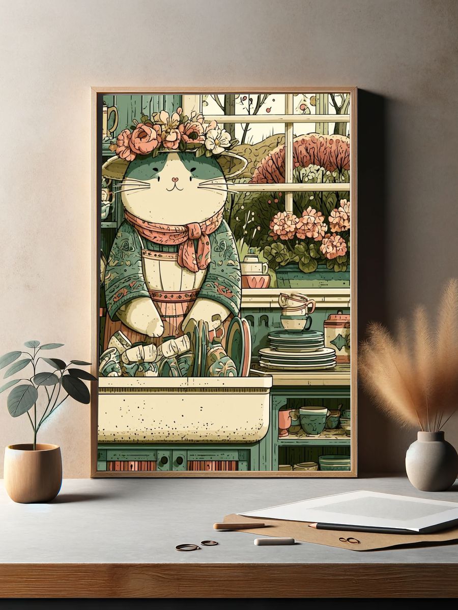 Cat Florist Kitchen Illustration Poster. — room view 2