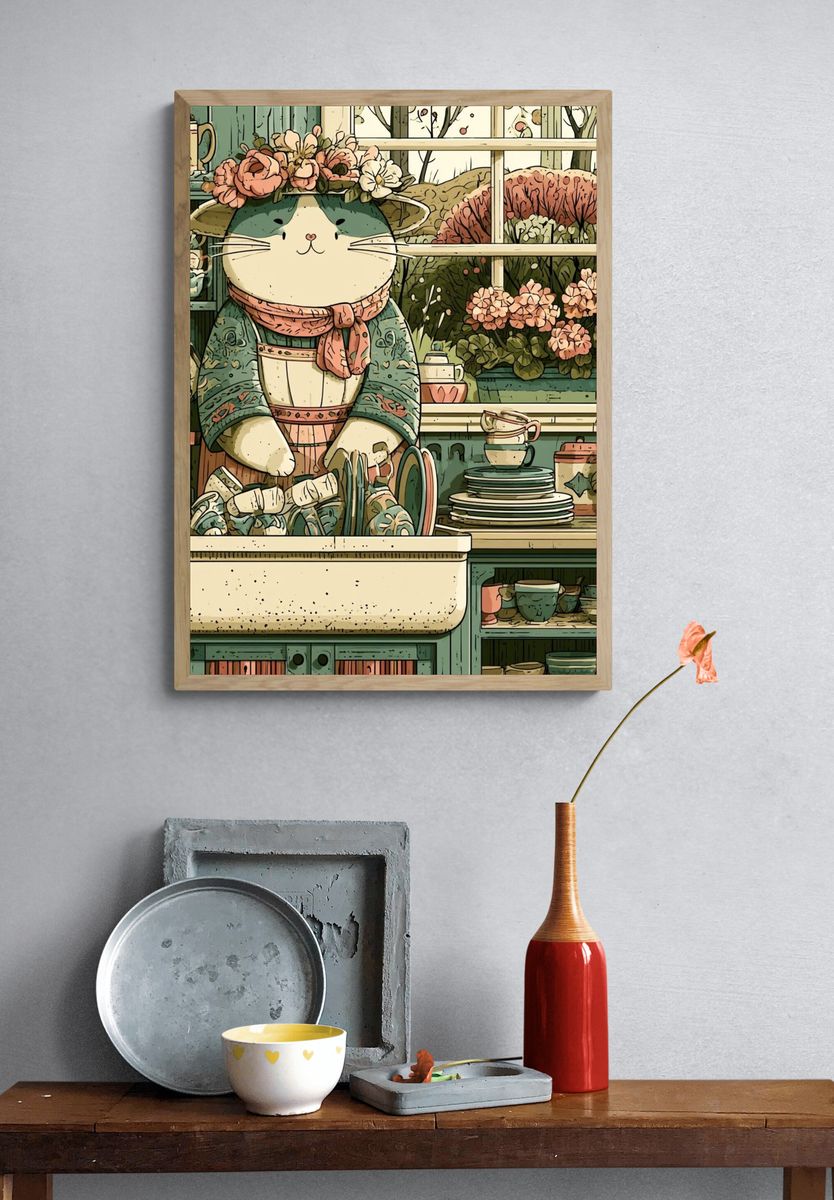Cat Florist Kitchen Illustration Poster. — room view 3