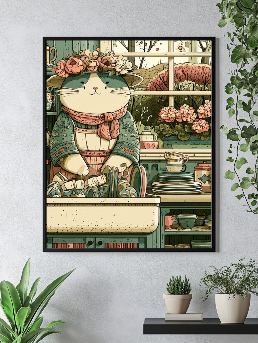 Cat Florist Kitchen Illustration Poster. — room view 4