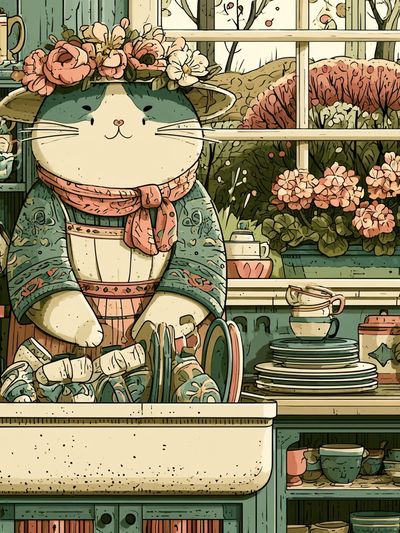 Cat Florist Kitchen Illustration Poster.