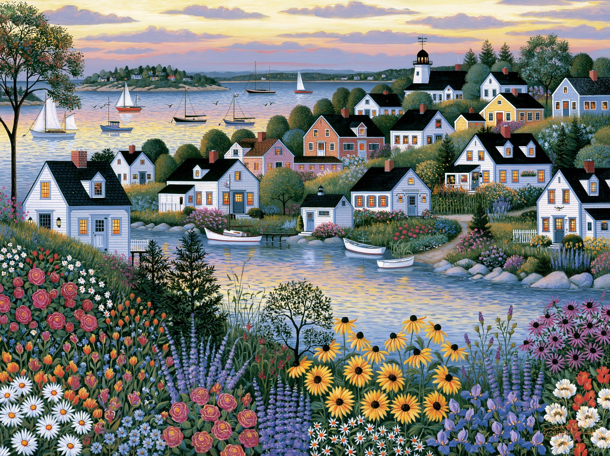 Coastal Village Garden Print. poster — illustration art