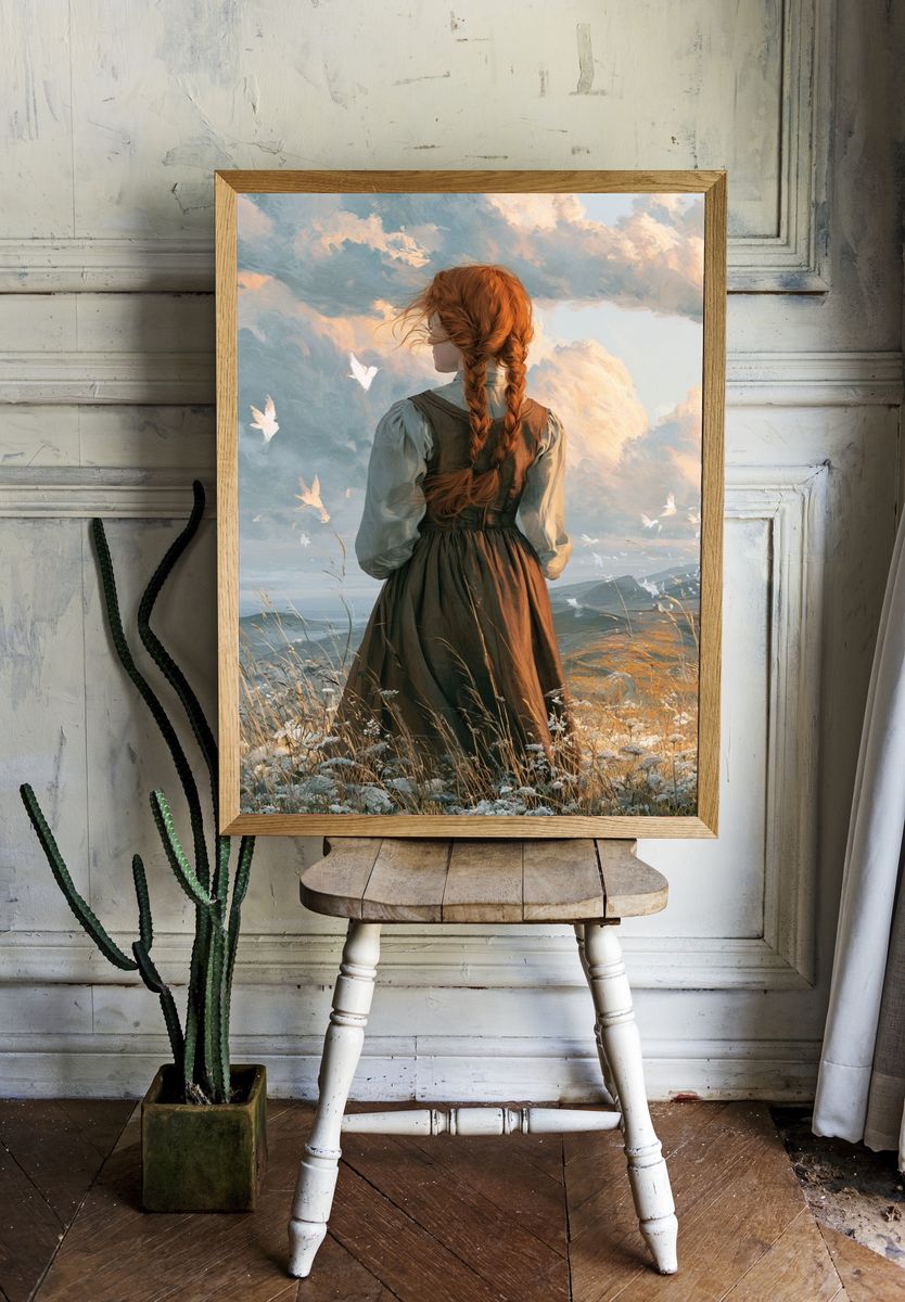 Red-Haired Girl in Clouds Illustration Poster. room preview