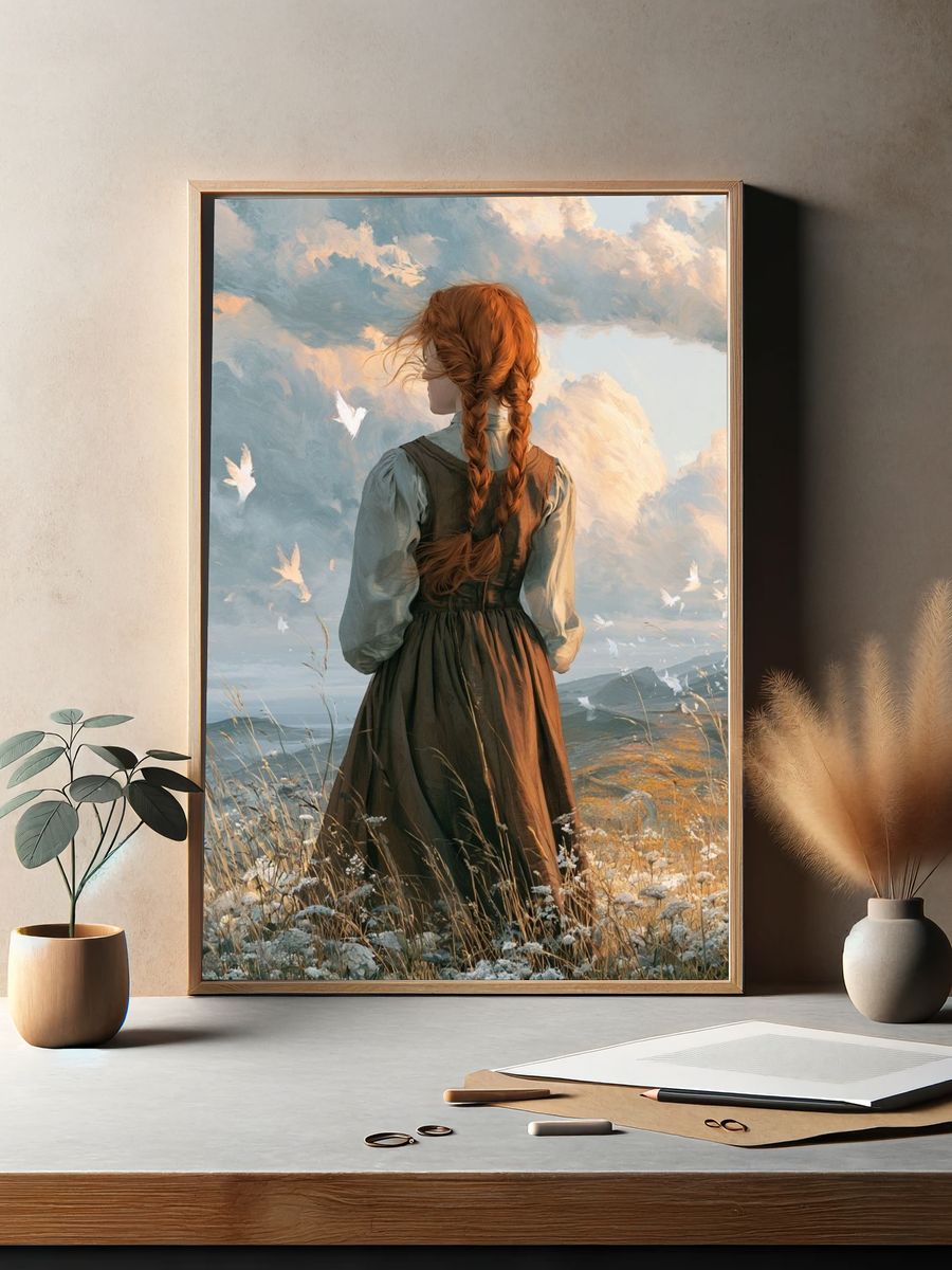 Red-Haired Girl in Clouds Illustration Poster. — room view 2