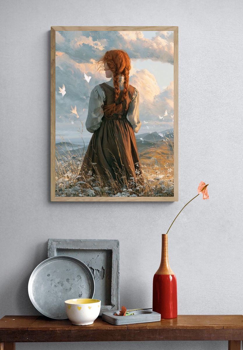 Red-Haired Girl in Clouds Illustration Poster. — room view 3